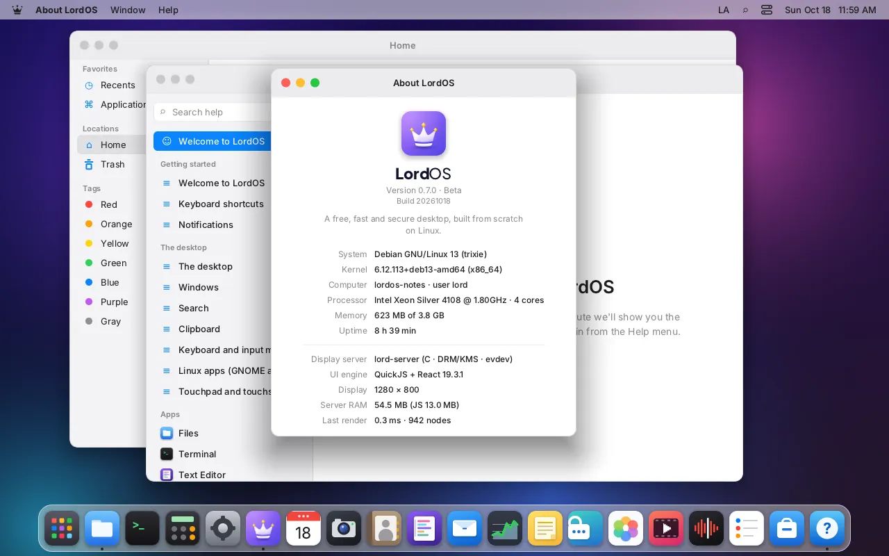 The LordOS desktop with the Dock, the menu bar and the About window