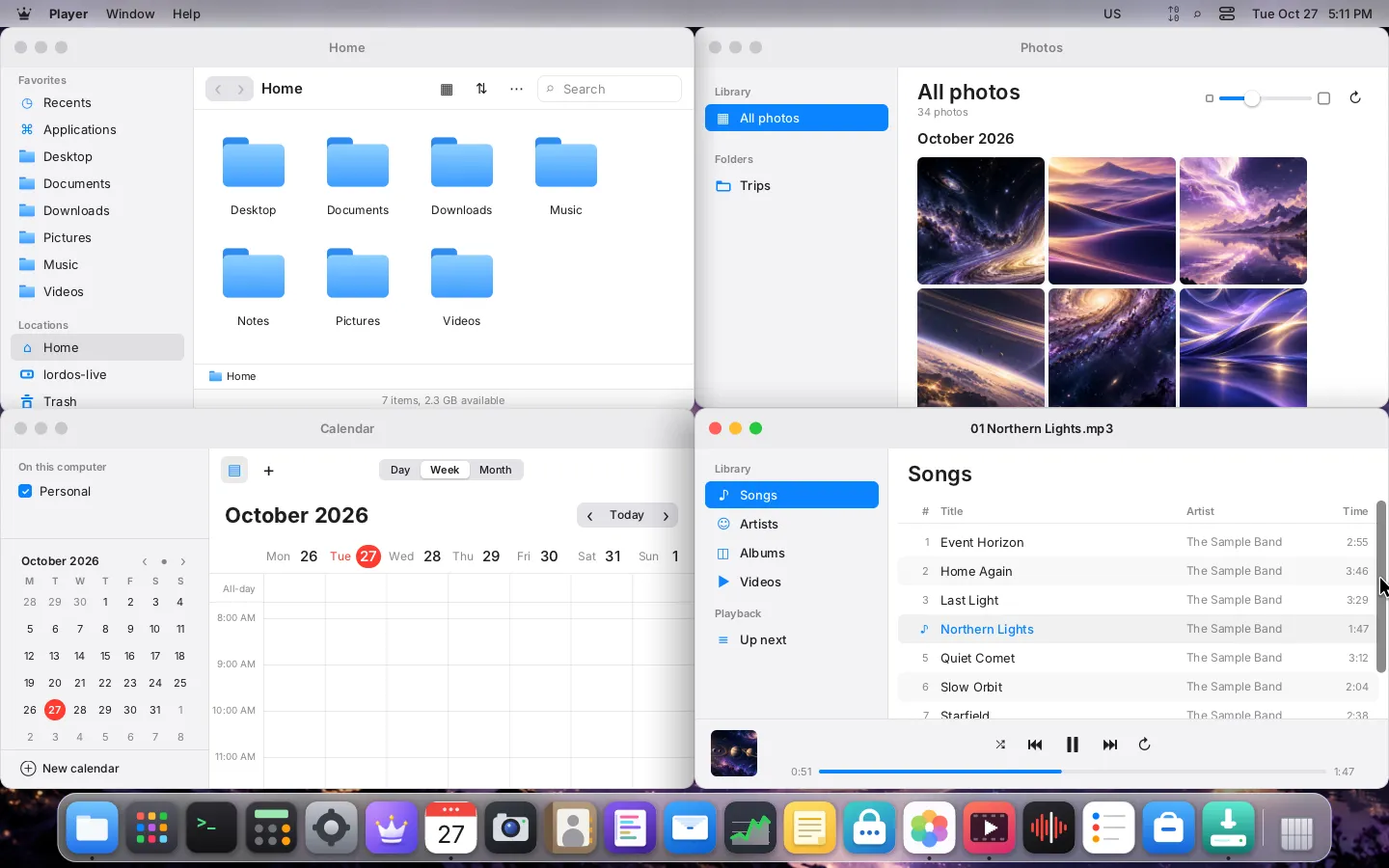 El escritorio de LordOS con Calendario, Archivos, Fotos y Reproductor abiertos