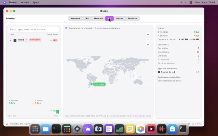El interruptor de Regla en denegar para una app, con los contadores de permitidas y denegadas del kernel.