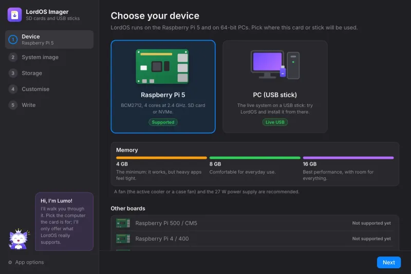 LordOS Imager: choose your device
