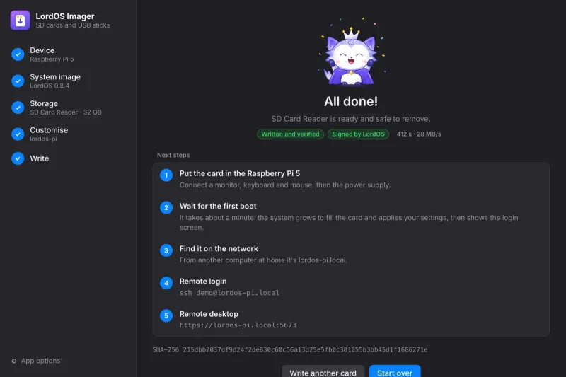 Done: written, verified and ejected, with the next steps