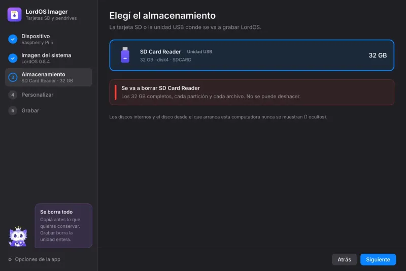 Paso 3: la tarjeta SD elegida, con el aviso de borrado