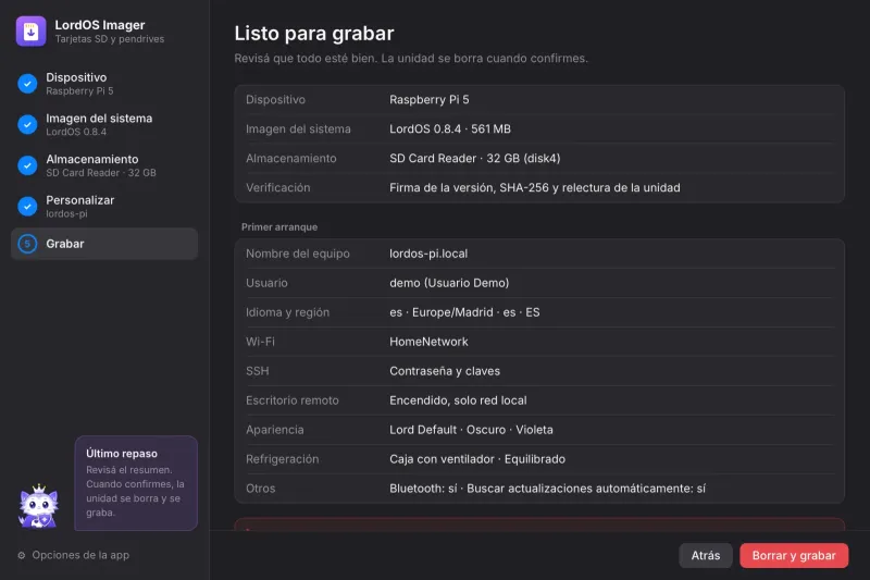 El resumen antes de grabar