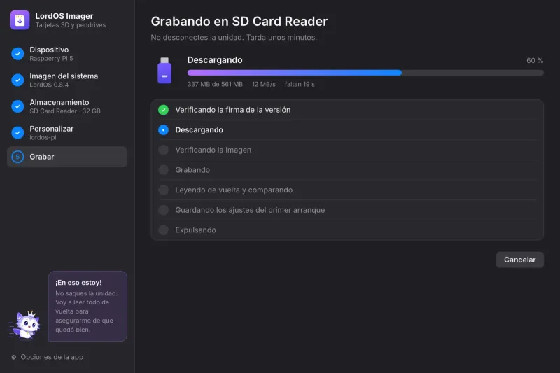 Descargando, con la velocidad y el tiempo restante