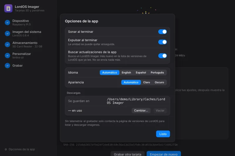 Opciones de la app