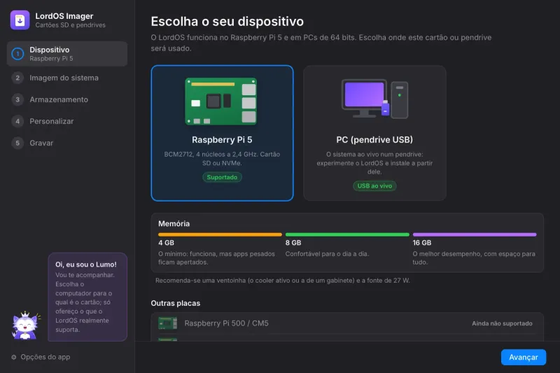 LordOS Imager: escolha o seu dispositivo