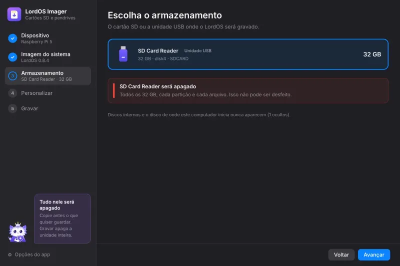 Passo 3: o cartão SD selecionado, com o aviso de que será apagado