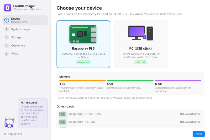 LordOS Imager: choose your device