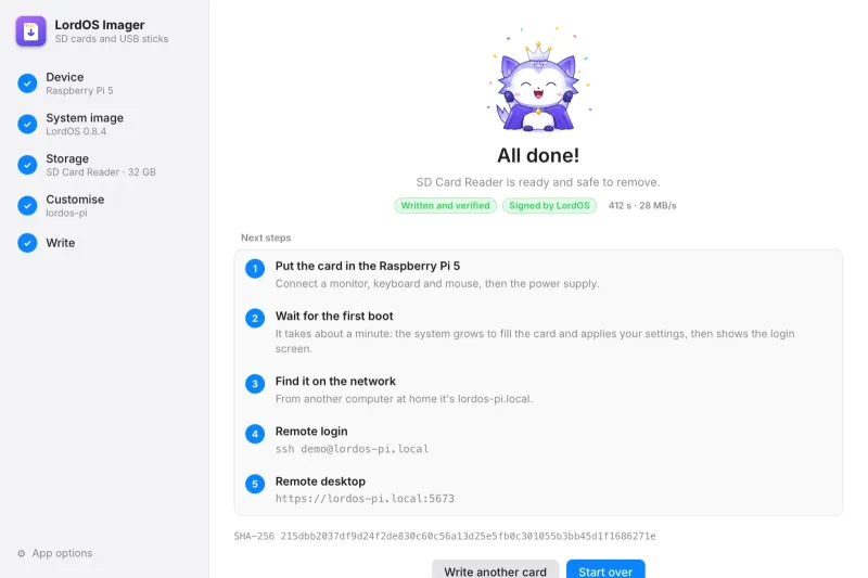 Done: written, verified and ejected, with the next steps