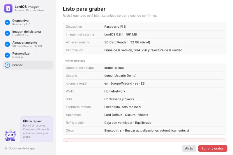 El resumen antes de grabar