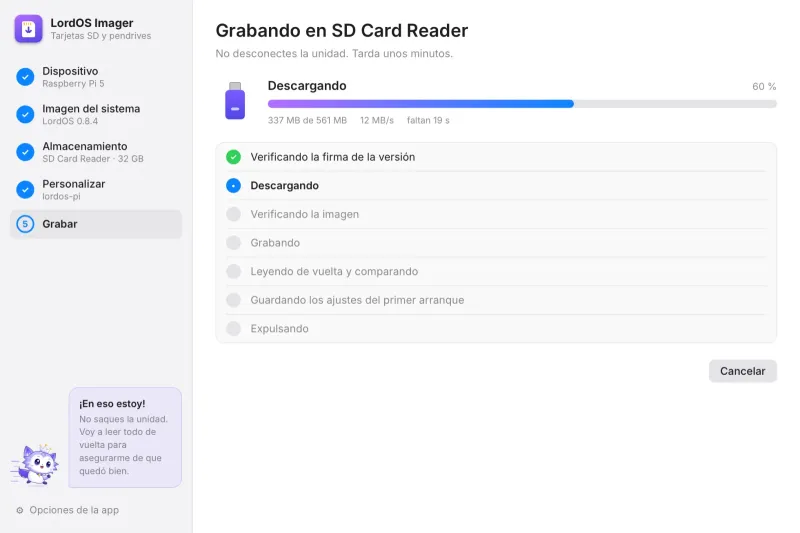Descargando, con la velocidad y el tiempo restante