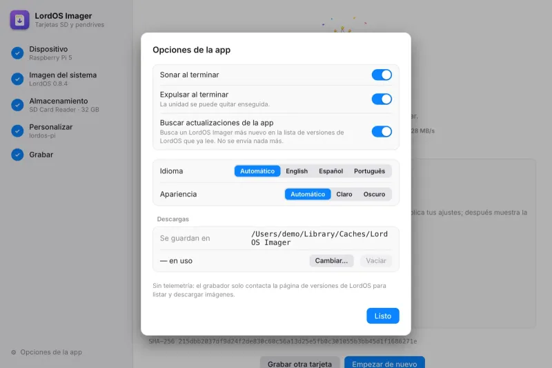 Opciones de la app