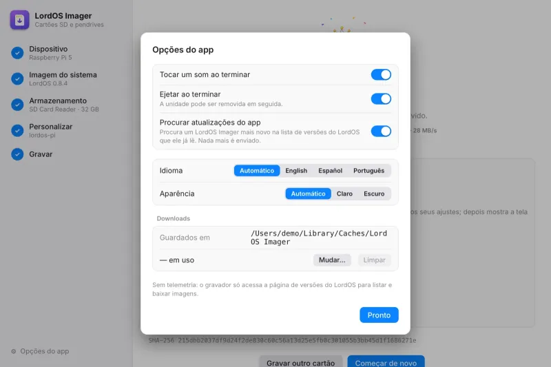 Opções do app