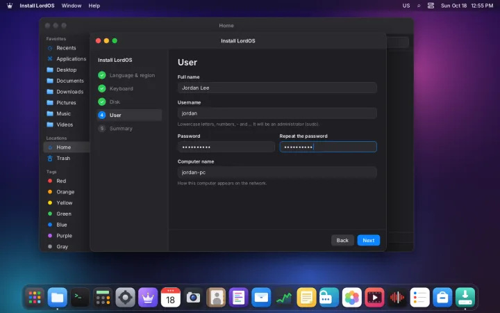 Installer user account step