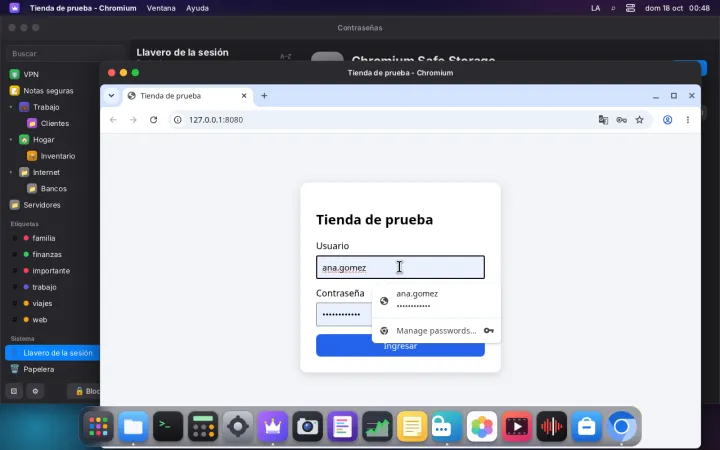 Un navegador de Linux completa un login guardado con su clave del llavero de LordOS.