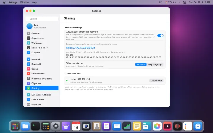 Remote desktop sharing settings