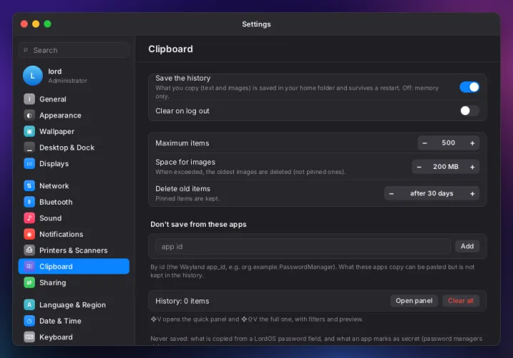 Clipboard settings