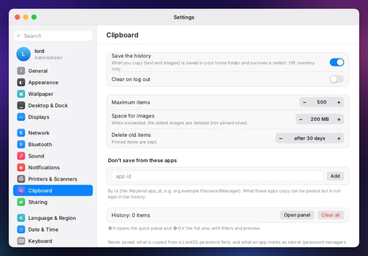 Clipboard settings