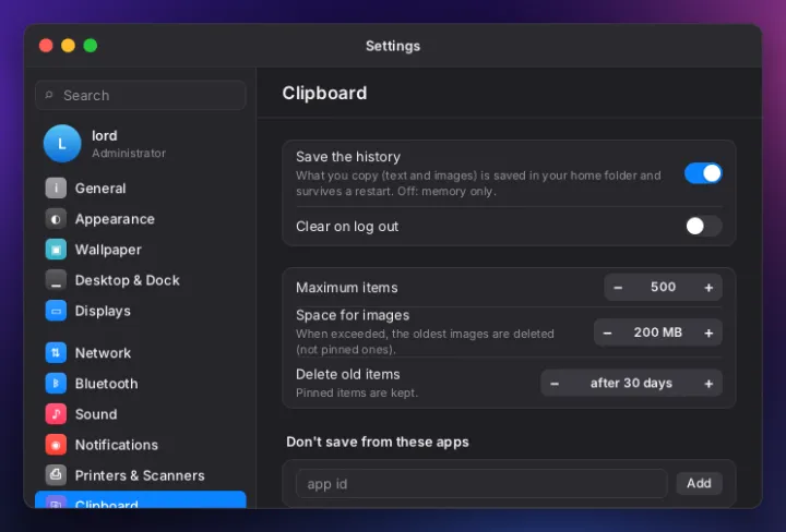 Clipboard settings
