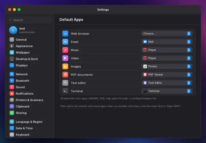 Default apps settings