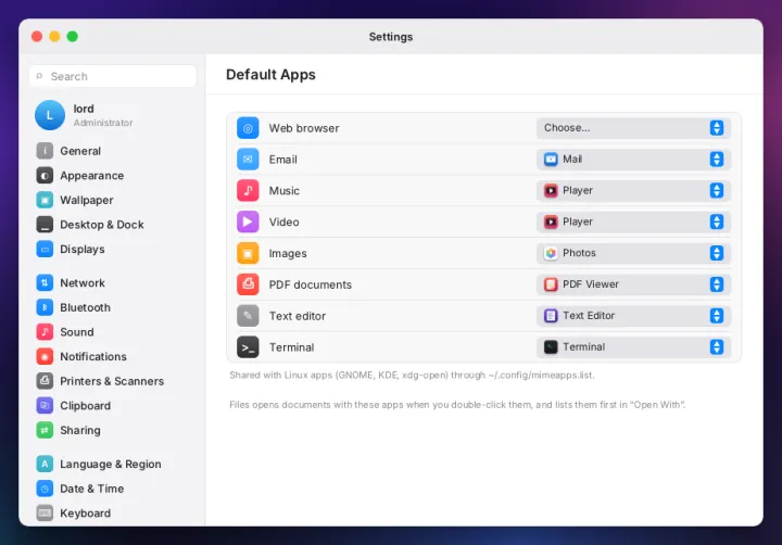 Default apps settings