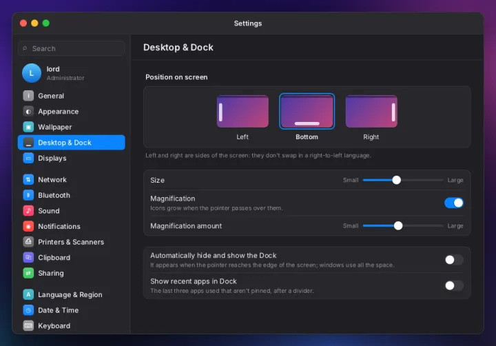 Desktop and Dock settings