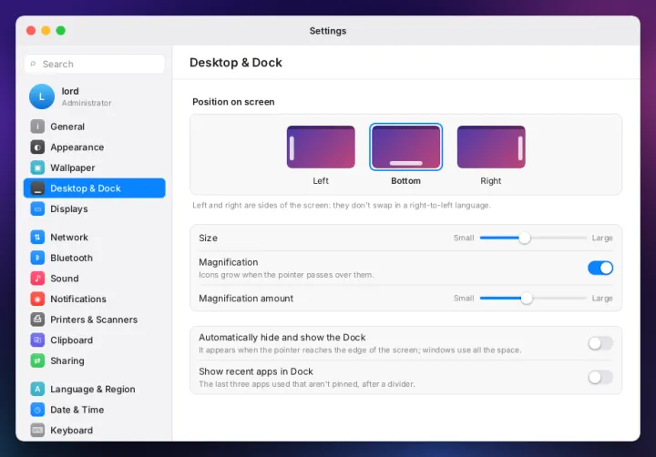 Desktop and Dock settings