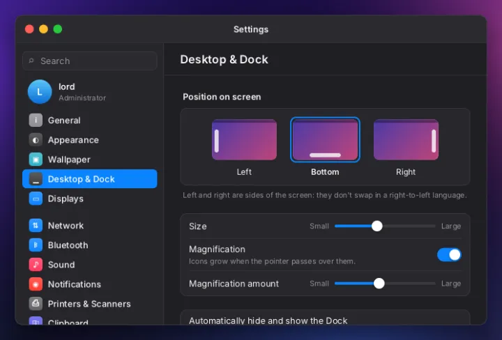 Desktop and Dock settings