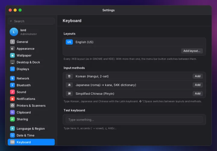 Keyboard settings