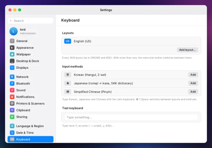 Keyboard settings