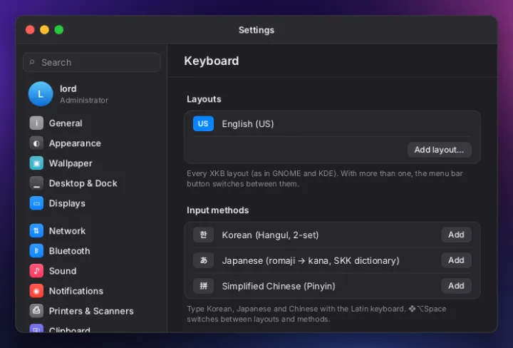 Keyboard settings