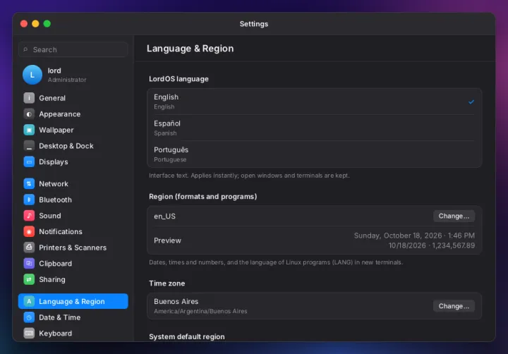 Language and region settings