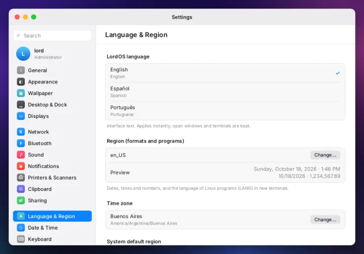 Language and region settings
