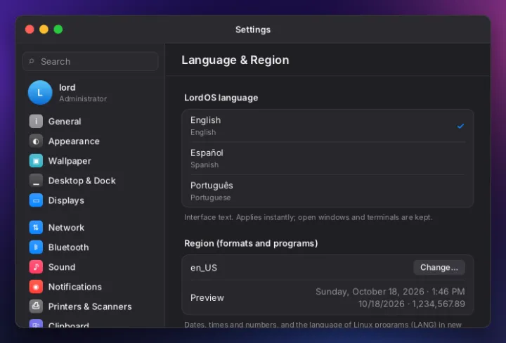 Language and region settings