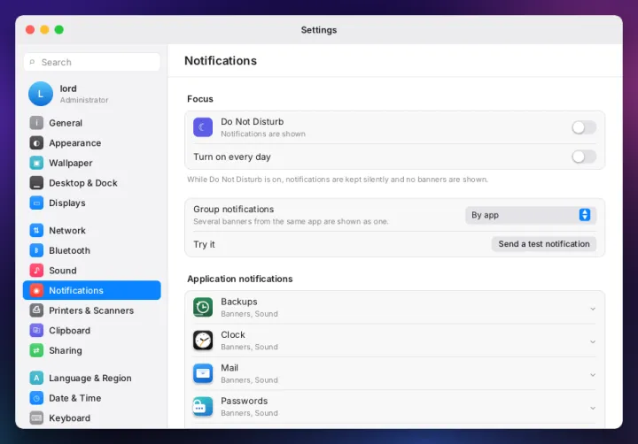 Notifications settings