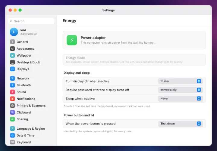 Energy settings
