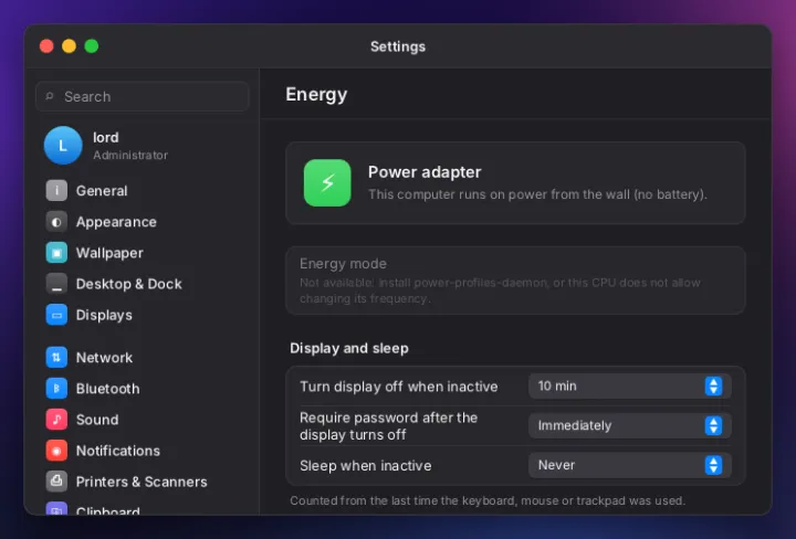 Energy settings