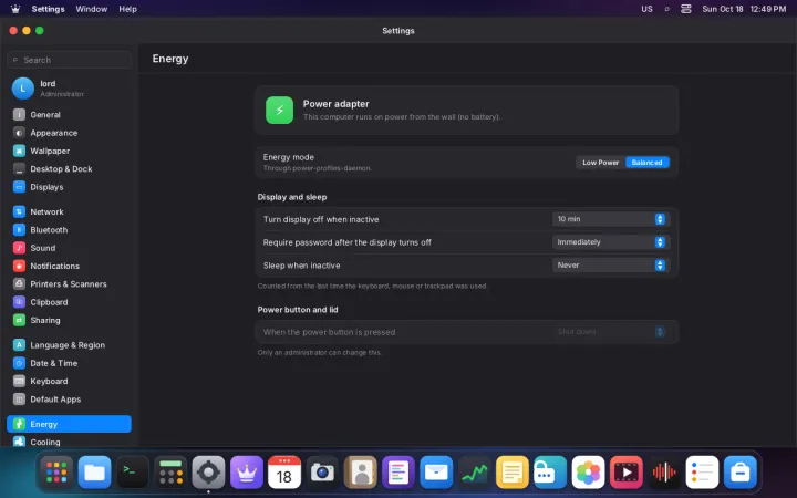 Energy settings
