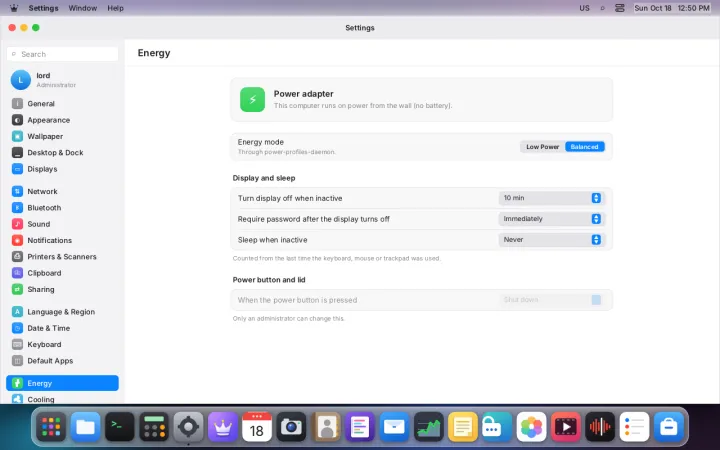 Energy settings
