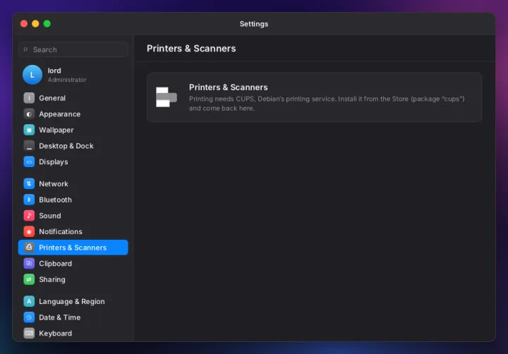 Printers and scanners settings