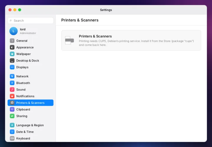 Printers and scanners settings