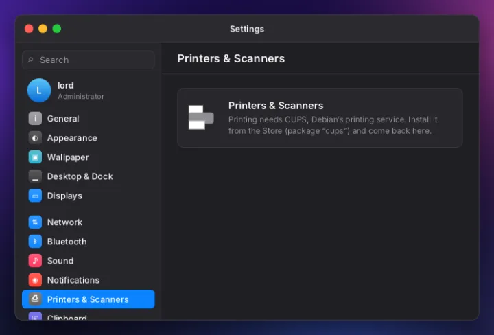 Printers and scanners settings