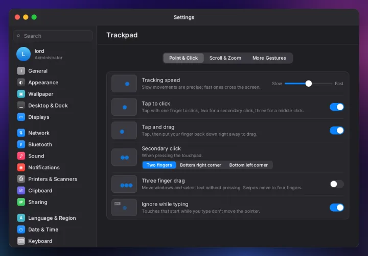 Trackpad settings