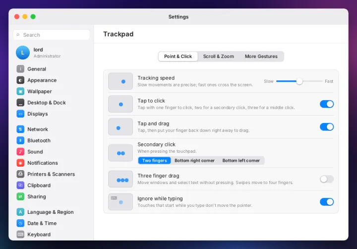 Trackpad settings