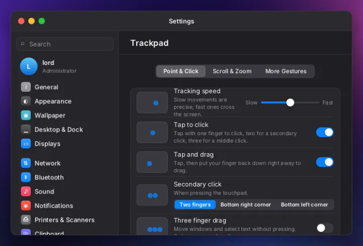 Trackpad settings