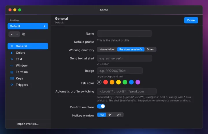 Terminal preferences