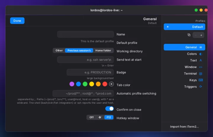 Terminal preferences